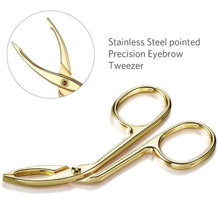 Hicarer 3 Pcs Eyebrow Tweezers Scissor for Women Facial Hair Handle Straight Tip Scissor Shaped Eyebrows Tweezers for Hair Plucker Remover Eyebrows Care Wig Plucking for Women Men(Gold Plated)