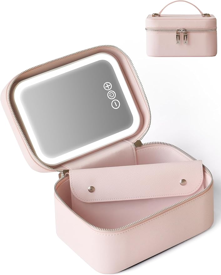 Popvibe Makeup Case with Mirror Lighted Up Travel Vanity Make Up Bag Set with Brush Storage, Pink Leather Cosmetic Bag Compact Traveling Small Train Case Luxury Travel Essentials Portable Makeup Box