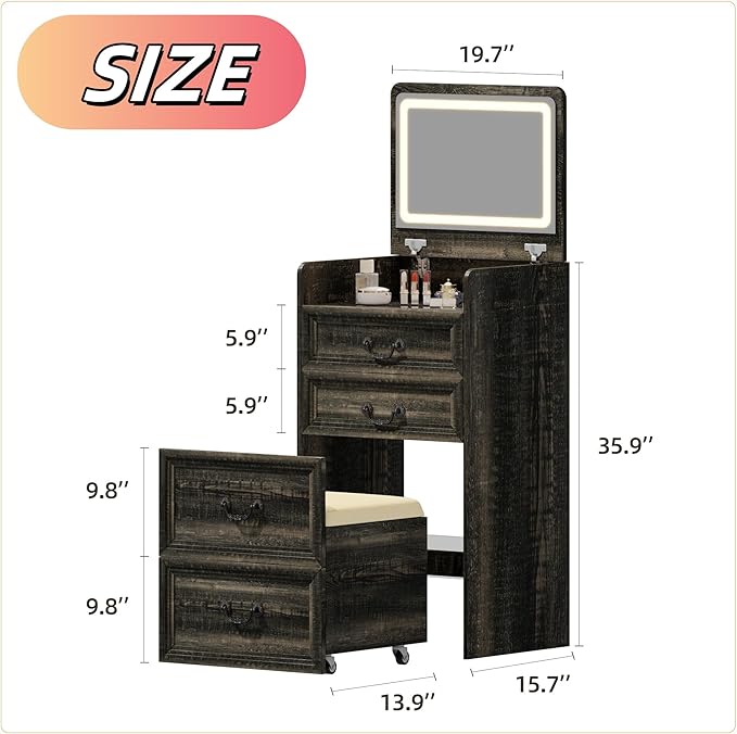 Makeup Vanity, 3-in-1 Vanity with Flip-Top Mirror, Visible Glass Desktop & 3-Color Lighting, 20'' Intelligent Makeup Desk with USB Charging Station & Hidden Storage Stool for Bedroom, Brown