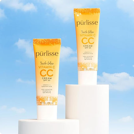 pürlisse Youth Glow Vitamin C CC Cream with SPF 50 - Color Corrector Enriched with Sea Buckthorn, Vitamin C & Hyaluronic Acid - Boosts Radiance & Youthfulness - Paraben-Free - Fair (1.4 oz)