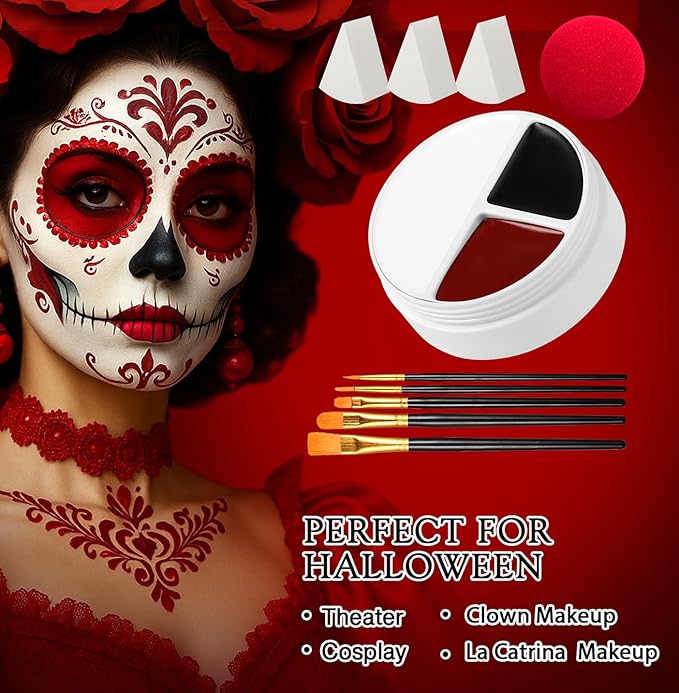 Afflano Red Black White Face Paint Halloween Clown Makeup Kit, Black and White Body Paint with Sponges Brushes, Washable Red Face Painting for Joker Pennywise Zombie Vampire Cosplay Theater SFX Makeup