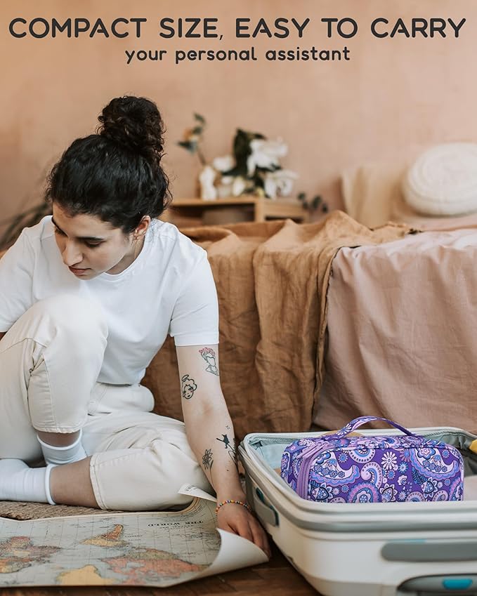 Relavel Travel Makeup Bag, Small Floral Cosmetic Bag with Makeup Brush Compartment, Portable Makeup Pouch for Women, Double Layer Cute Toiletry Organizer Bag, Purple Flower