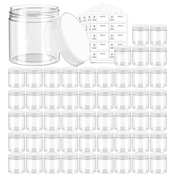 50 Pack 4 OZ Plastic Jars Round Clear Cosmetic Container with Clear Lids, Eternal Moment Slime Jars for Lotion, Cream, Ointments, Makeup, Eye shadow, Rhinestone, Samples, Pot, Travel Storage