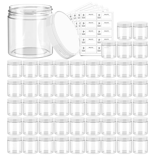 50 Pack 4 OZ Plastic Jars Round Clear Cosmetic Container with Clear Lids, Eternal Moment Slime Jars for Lotion, Cream, Ointments, Makeup, Eye shadow, Rhinestone, Samples, Pot, Travel Storage