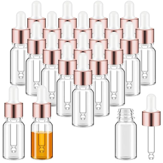 100 Pcs Mini Glass Oil Dropper Bottle Bulk, Clear Essential Small Empty Bottles Sample Containers Perfume Liquid Vials with Cap for Traveling (10 ml,Rose Gold)