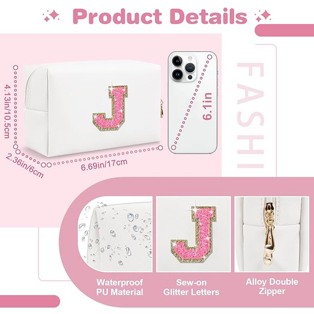 Small Personalized Initial A-Z Patch Makeup Bag,White Cute PU Leather Glitter Letter Cosmetic Bag for Teen Girls,Travel Toiletry Bag with Zipper,Preppy Monogrammed Birthday Gift for Daughter Niece J