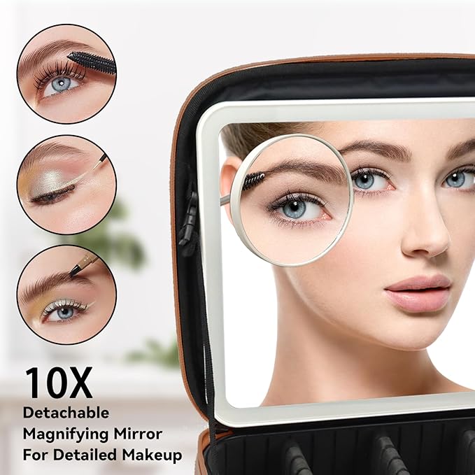 Travel Makeup Bag with LED Mirror and 10x magnifying glass with 3 Lighted Settings, Adjustable Dividers and Makeup Brush Storage Bag Caramel