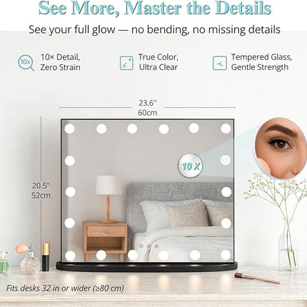 LUXFURNI Hollywood Glamour Vanity Mirror with 4 Extra Bottom Bulbs | Shadow-Free, Perfect Makeup View | Desk & Wall Mountable | 3 Color Modes for Office, Outdoor, Party Looks | USB Charging