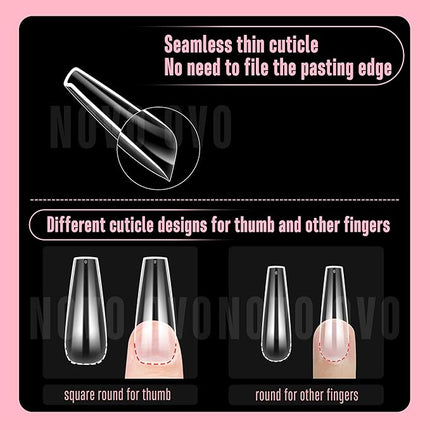 NOVO OVO Long Coffin Nail Tips NATURAL (Not SCULPTED) for Flat Nail Beds, Extra Thick L Length False Nails Press on, Full Cover Soft Gel Fake Nail Extension, Salon DIY x 15 Sizes 450 pcs