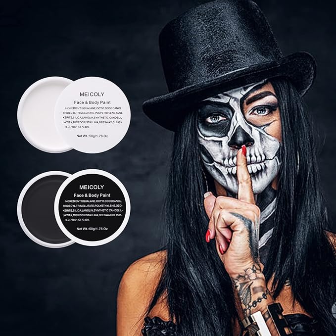 MEICOLY 6Pcs Halloween Makeup Kit,Black White Face Paint Clown White Makeup,Classic Pro Oil Based Face Body Paint for Adults and Kids, SFX Joker Zombie Vampire Skull Skeleton Cosplay,100g/3.53 oz