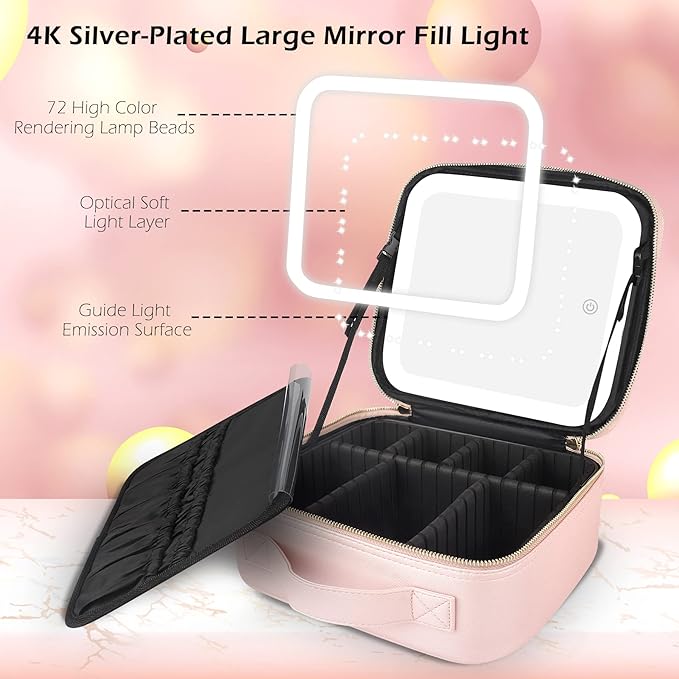 MOMIRA Travel Makeup Bag Cosmetic Bag Makeup Organizer Bag with Lighted Mirror, Adjustable Brightness in 3 Color Scenarios, Waterproof Makeup Train Case, Gift for Women - Phosphor