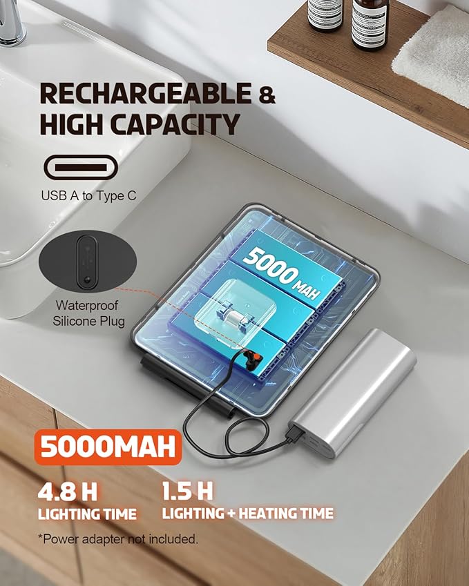 Heated Shower Mirror Fogless for Shaving, 3 Color Dimmable Lights Shower Mirror Fogless, Rechargeable Anti-Fog Shaving Mirror with Razor Holder, Storage Tray, Squeegee