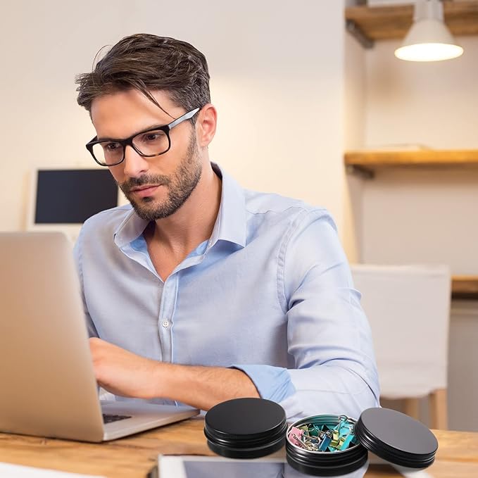 Therwen 96 Pcs Aluminum Tin Jars Containers Metal Leak Proof Cosmetic Tin Jars Containers Round Screw Lids Lip Balm Can Empty Refillable Cosmetic DIY Storage (1 x 2.7 Inch,Black)