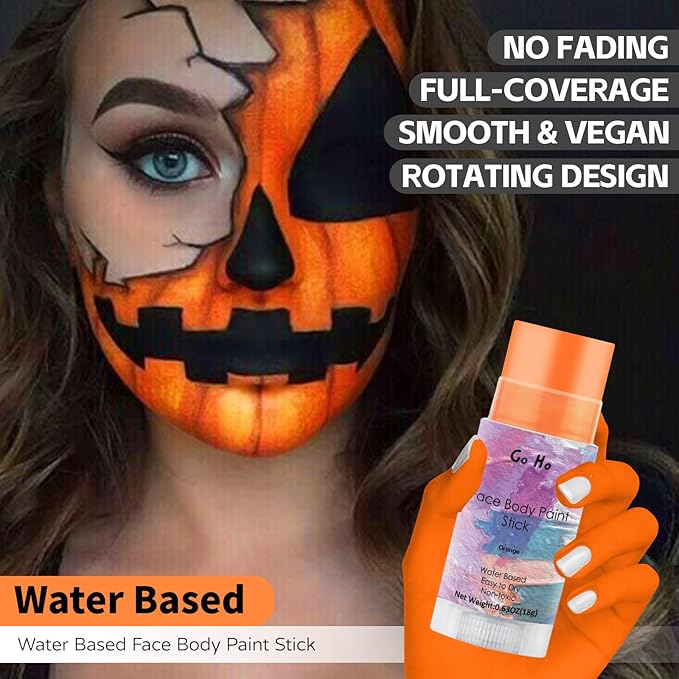 Go Ho Water Based Orange Face Body Paint Stick,Non-Toxic Face Painting,Easy-to-use Orange Facepaint for Starfire Pumpkin Halloween SFX Cosplay Costume Makeup,0.63oz