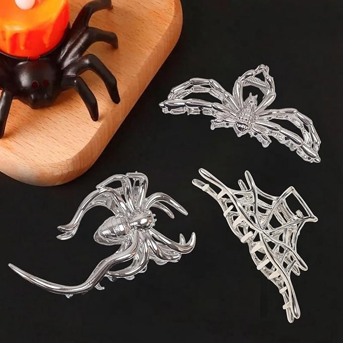 3 Pcs Halloween Claw Clips for Women, Gothic Hair Claws Silver Metal Spider Big Jaw Clamps Hair Accessories for thick Hair Styling Tool Holiday Gifts(Silver)