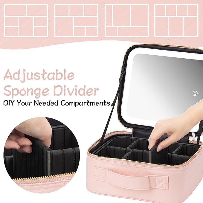 Makeup Travel Train Case with Mirror LED Light 3 Adjustable Brightness Cosmetic Bag Portable Storage Adjustable Partition Waterproof Makeup Brushes Makeup Jewelry Gift for Women (Pink checkered)