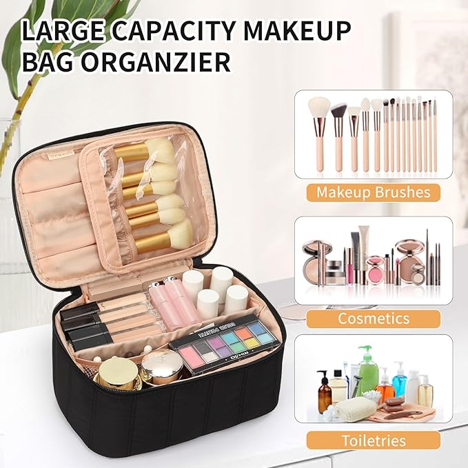 OCHEAL Black Makeup Bag - Portable and Spacious Cosmetic Organizer for Women's Travel with Handle, Divider, Large Capacity for Girls on the Go-Black
