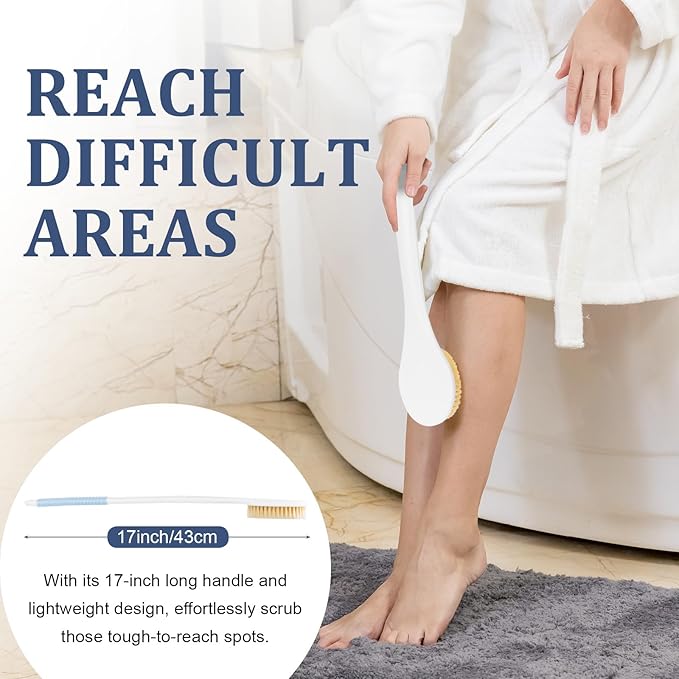 Back Scrubber for Shower, Shower Body Brush for Cleaning with Long Handle for Showering, 17 Inch Back Washer Exfoliator for Shower Men Women with Non-Slip Handle, Adhesive Hook (Lake Blue)