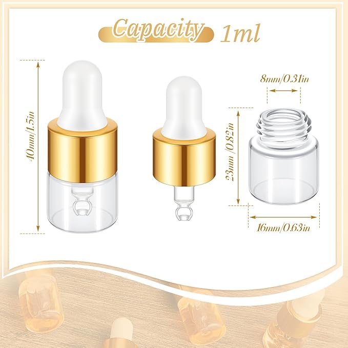 12 Pcs Mini Glass Oil Dropper Bottle Bulk, Clear Essential Small Empty Bottles Sample Containers Perfume Liquid Vials with Cap for Traveling (1 ml,Gold)