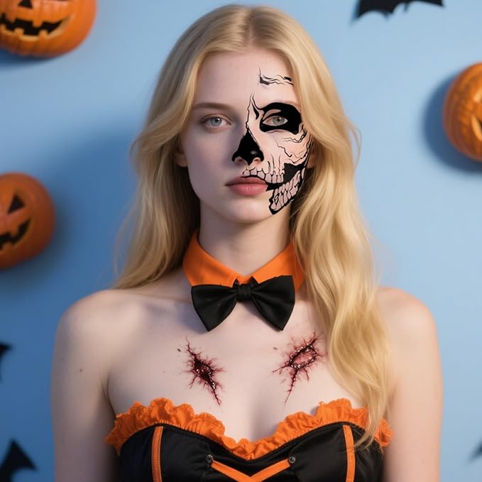 8Pcs Halloween Scary Semi Face Tattoos, Spooky Halloween Face Tattoos Stickers, Face Temporary Tattoos,Face Makeup Tattoo Stickers for Halloween Cosplay Party DIY Decorations