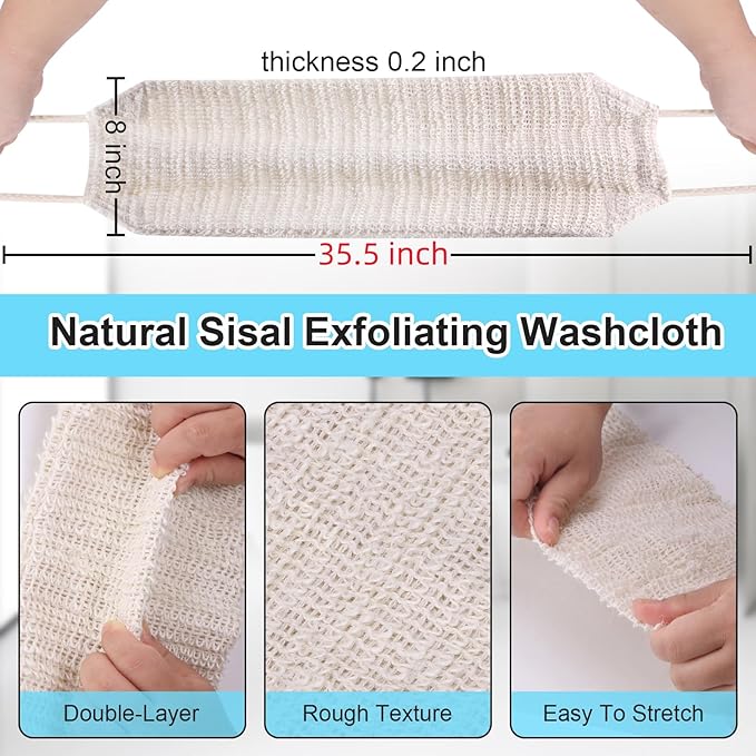 35.5" Long Exfoliating Washcloth Shower Loofah with Handle for Women, Natural Body Scrubber Back Cleaner for Shower, Double Layer Extra Rough Bath Scrubber for Body