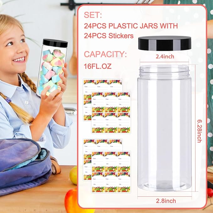 Plastic Jars with Lids 16 oz 24Pack,Empty Clear Plastic Jars with Lids for Storage, Round Leakproof Containers for Nuts,Cookies,Dried Fruit,Small Snacks(16fl.oz,set of 24)