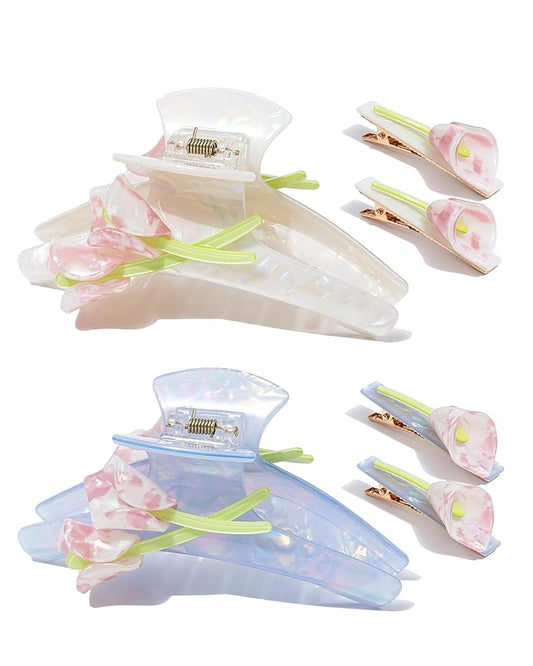 ACECHA Tulip Flower Acrylic Hair Clip Set, 6 Piece Large Claw Clips & No Crease Hair Clips for Thin and Thick，Non-Slip Hair Grip Hairclips for Makeup, Salon, Strong Hold Jaw Clamps (White & Blue)