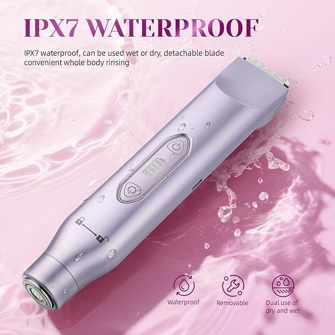 Bikini Trimmer for Women，3 in 1 Electric Razor with Ceramic Blades, IPX7 Waterproof, USB Rechargeable, Painless Hair Removal for Face，Body，Bikini Area, Travel Grooming Kit (Purple)