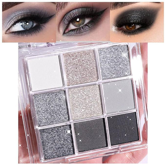 Black Silver Gray Smokey Eyeshadow Palette,Black and White and Sparkly Eye Shadow,Black Smokey Radiance Eyeshadow Palette,Long Lasting Waterproof Womens Eyeshadow Dark