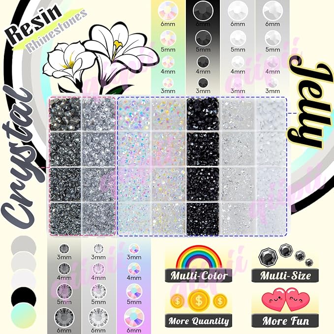 28 Types Black White Transparent Jelly Resin Rhinestones w B7000 Jewelry Glue for Bedazzling Crafting 3-6mm Flatback Stones Gems Diamonds Crystals for Face Eyes Makeup Crafts Tumblers Bottles