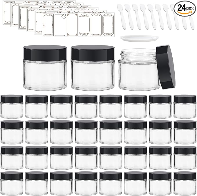 35 Pack 2 oz Clear Round Glass Jars with Black Lids - Portable Empty Glass Containers with Inner Liners for Cosmetic, Body Butters, Body Butter, Candle Jars