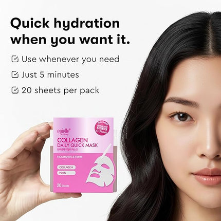 Epielle Collagen Korean Face Masks 20 Pack - Anti Aging Sheet Masks with Hyaluronic Acid for Hydrating & Plumping Skin, Stocking Stuffers for Women