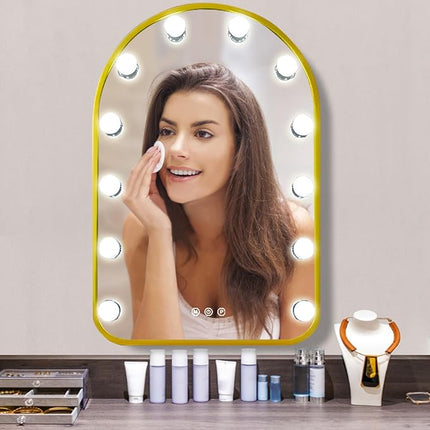 THEKLA Gold Arch Hollywood Vanity Mirror with Lights Dimmable 3Color 12 Bulbs Hollywood Vanity Lighted Mirror for Bedroom Wall Detachable Base Stand X10 Magnifying Arch Vanity Makeup Desk Table Mirror