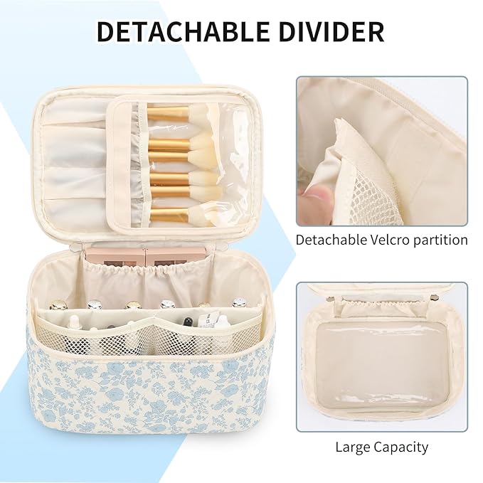 OCHEAL Makeup Bag Portable Cosmetic Bag For Women, Large Capacity Travel Makeup Case Organizer, Toiletry Bag for Girls Traveling With Handle and Divider-Flowers