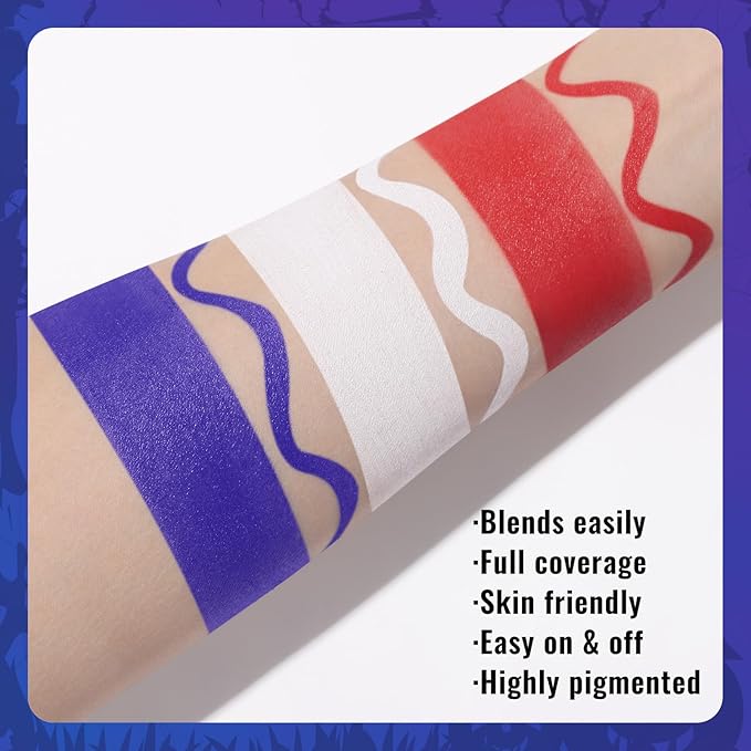 US Flag Red White Blue Face Painting Kit, 3 Colors Facepaint + 3PC Sponge + Brush for Halloween Costume Clown Joker, Eye Black for Sports & 4th of July Independence Day America’s Patriotic Parades
