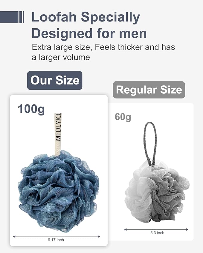 Loofah Sponge, XXL Large Loofah 100g 4 Pack, Bath Sponge Soft Mesh Shower Loofah for Men, Body Scrub, Shower Pouf Bath Accessories, for Body Wash, Soap (Blue)