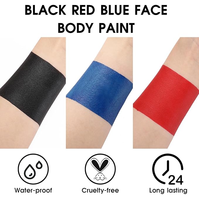 BAD COLOR 3PCS Red Black Royal Blue Face Body Paint Stick Makeup for Skull Vampire Clown Joker SFX Cosplay & Dress Up, Full-Coverage Halloween Facepaint Makeup Kit