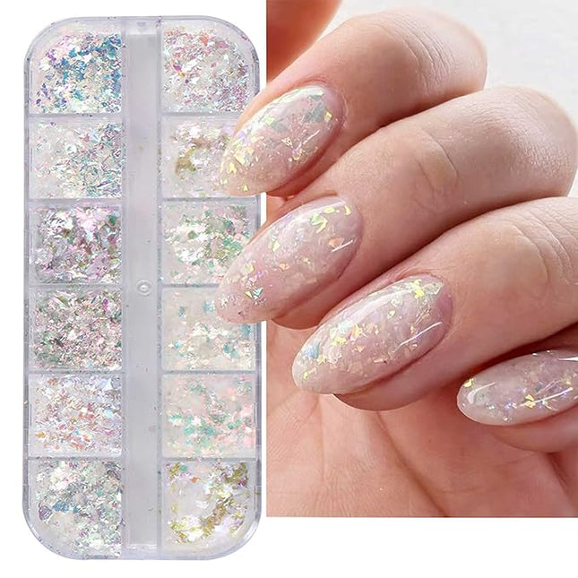 Holographic Nail Art Glitter Iridescent Flakes 12 Grids Mermaid Bright Colorful Star Gradient Ice Slag Nail Sequins Paillettes Summer Decoration