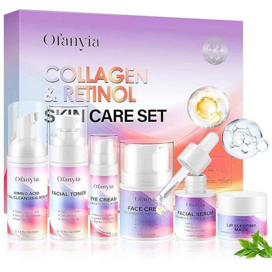 Ofanyia Collagen Retinol Skincare Set, 6 Pcs Anti-Aging Skin Care Set with Hydrating Cleanser, Eye Cream, Toner, Cream & Lip Mask, Facial Kit for Women, Christmas Valentines Birthday Gift for Her