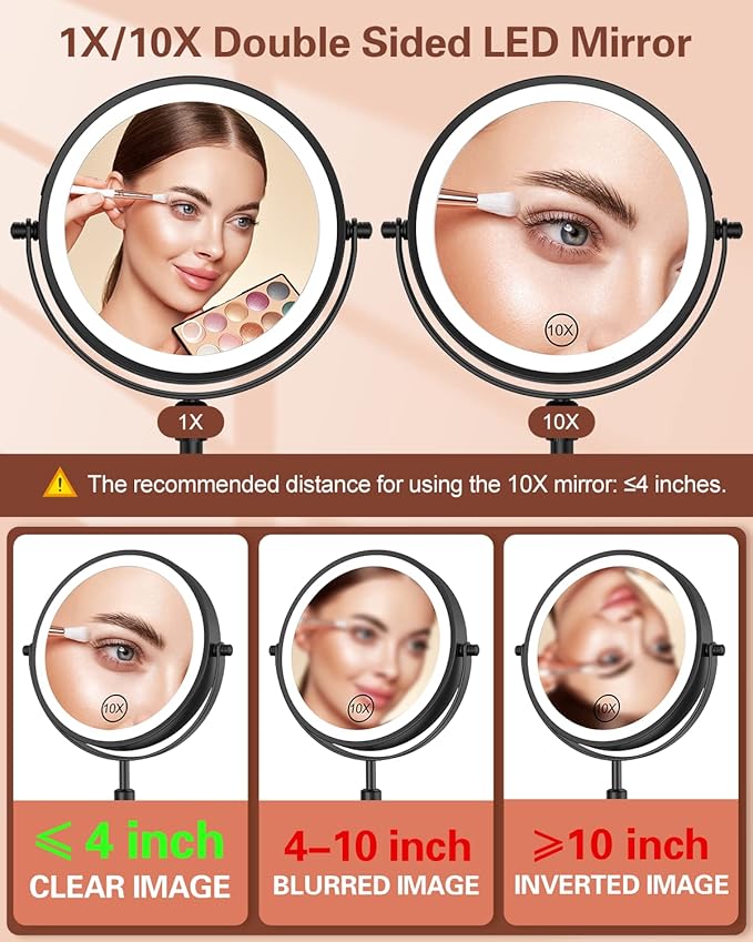 Benbilry Lighted Makeup Mirror with 10X Magnification & 3 Color Lights, Adjustable Brightness & Height, 7 Inch 360° Swivel Rechargeable LED Magnifying Make Up Mirror with Lighting (Black)