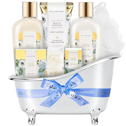 Spa luxetique Bath and Body Gifts for Women 8pcs Jasmine Scented Spa Sets with Bubble Bath Gift Baskets for Women Mother's Day Gifts for Mom