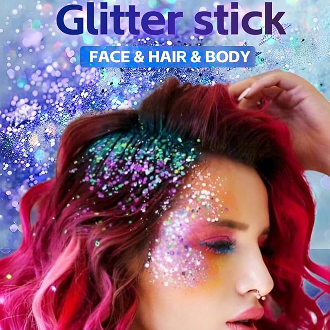 2Pcs Rainbow and Silvery Body Glitter Stick,Hair Face Glitter Gel Makeup for Kids Women,Sparkly Mermaid Face Paint,Singer Concert Outfit Festival Rave