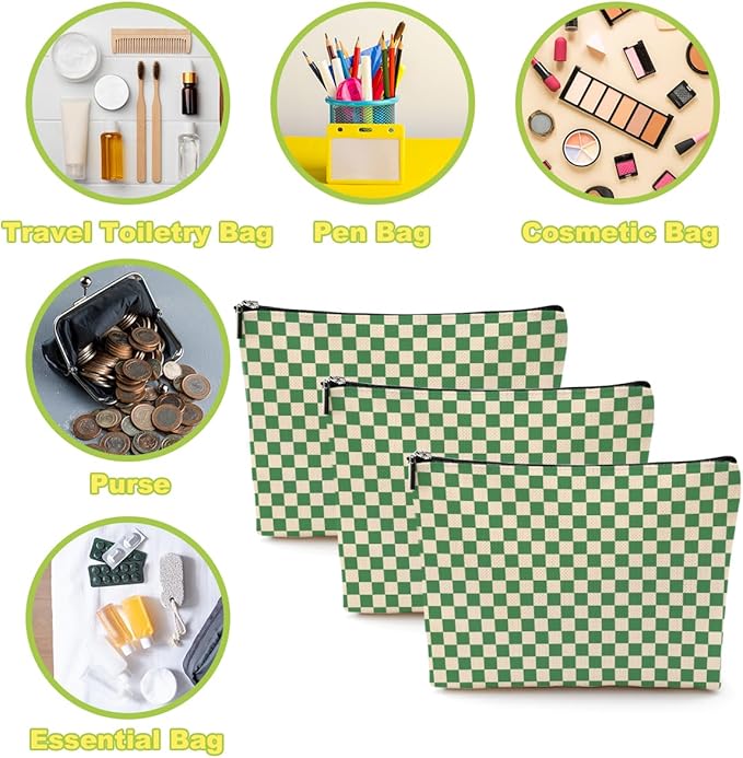 6 Pcs Checkered Makeup Bags Make up Bag Cosmetic Bags for Women Girls Sister Wife Bridesmaid Friendship Christmas Birthday Travel Toiletry Bag Aesthetic Zipper Organizer Accessories, Cute Green Plaid