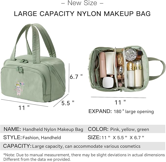 Makeup bag, Large Capacity Cosmetic Bag for Women, Portable Wide-open Toiletry Bag, Travel Makeup Bag with TPU Compartments for Accessories, Essentials, Toiletries, Makeup Brush Bag, Green