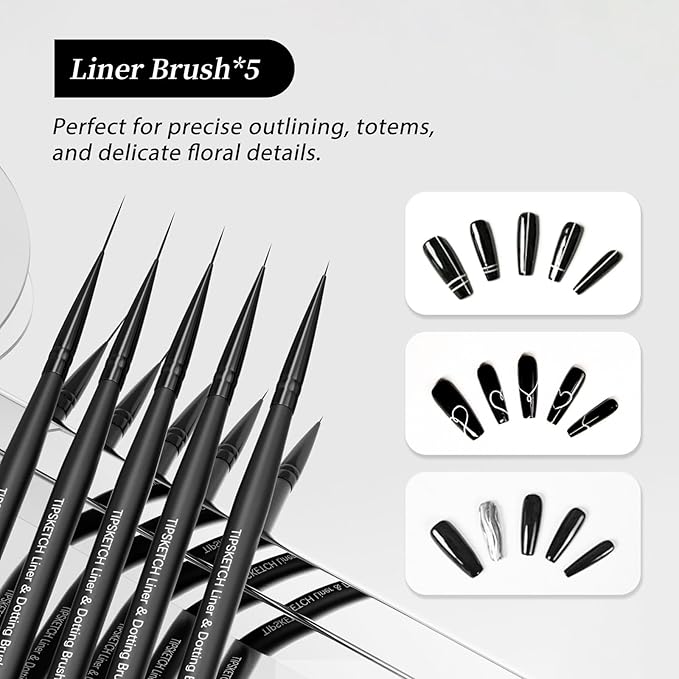 Nail Art Liner Brushes 5Pcs Dotting Pen Tools Nail Art Brushes Thin Liner Set(4/8/12/15/20 mm) for Long Lines, Thin Details Gel Polish Nail Paintings Double-End Nail Art Tools