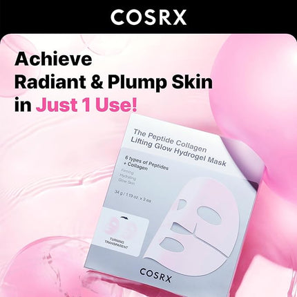 COSRX Pink Peptides Collagen Lifting Glow Hydrogel Face Masks Skincare 3 EA, Collagen Face Mask, Travel Essentials, Overnight Face Mask, Korean SkinCare