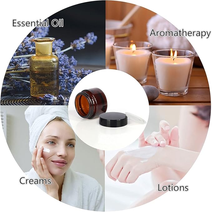 15 Pack 1 oz Empty Amber Glass Jars, 30ml Round Refillable Cosmetic Container Storage Jars with Inner Liners and Black Lids,Perfect Travel Jars for Cosmetics,Face Cream Lotion and More Beauty Products