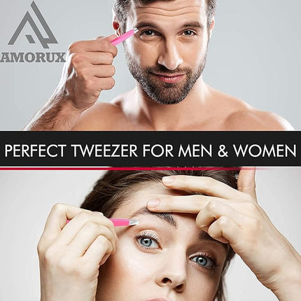 Amorux Eyebrow Tweezers For Women Facial Hair Professional hair removal Stainless Steel Tweezers for Ingrown Facial Hair, Splinter, and Daily Beauty (Black) (Pink)