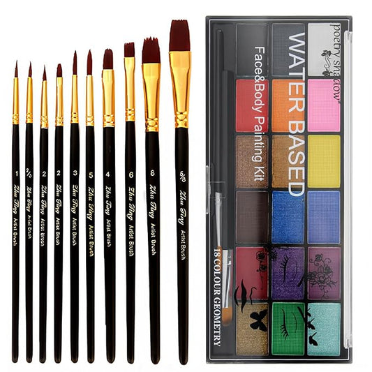 Face Paint Kit, Painting Palette with Brushes Body Paint Face Makeup Safe and Easy to Clean for Halloween Carnivals Cosplay Party Stage Performances (18 Colors + 10 Brushes)