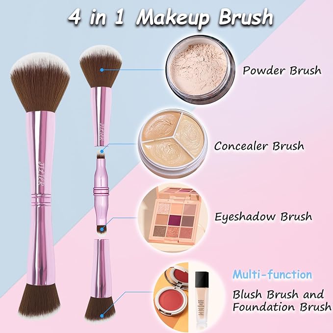 4 in 1 Makeup Brush Set, Travel Makeup Brushes with Case, Foundation Brush/Blush Brush, Eyeshadow Powder Brush,Concealer Brush (pink-silicon brush holder)
